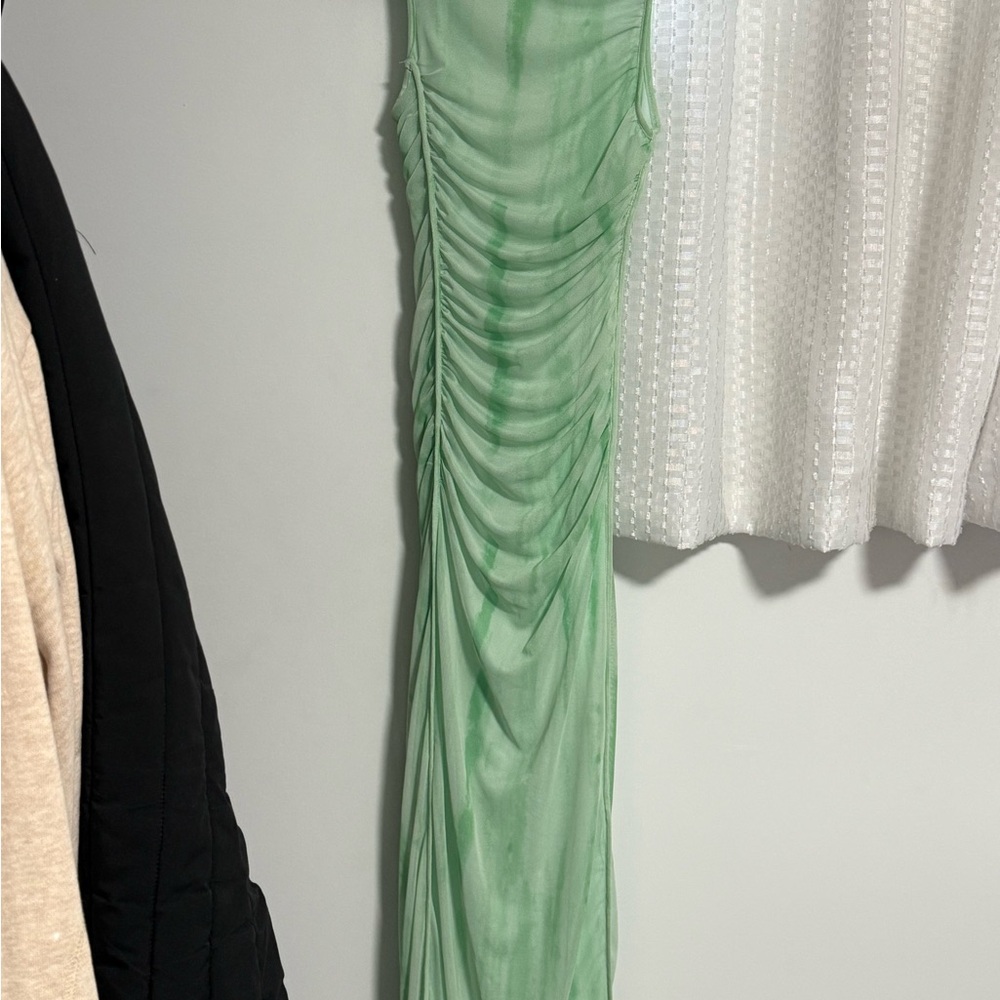 Zara Green Ruched Maxi Dress for Wedding Guest